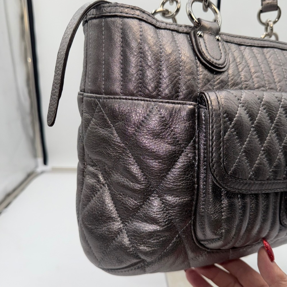 Coach Poppy Quilted Metallic Leather Tote Bag Silver Shoulder Handbag - Picture 7 of 10